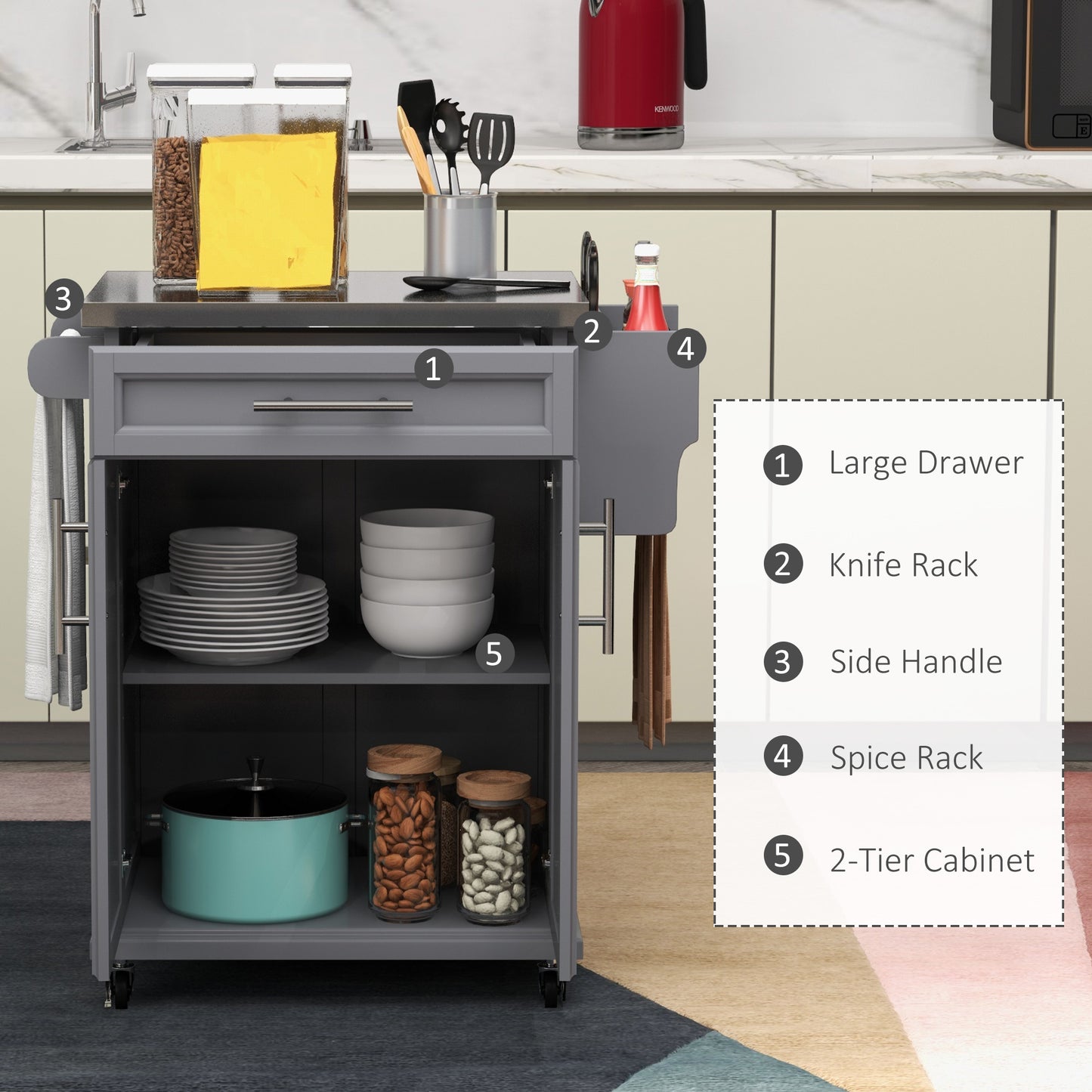 HOMCOM Kitchen Island with Stainless Steel Top, Rolling Kitchen Cart on Wheels with Storage Drawer, Cabinet, Towel Rack and Spice Rack (Black)