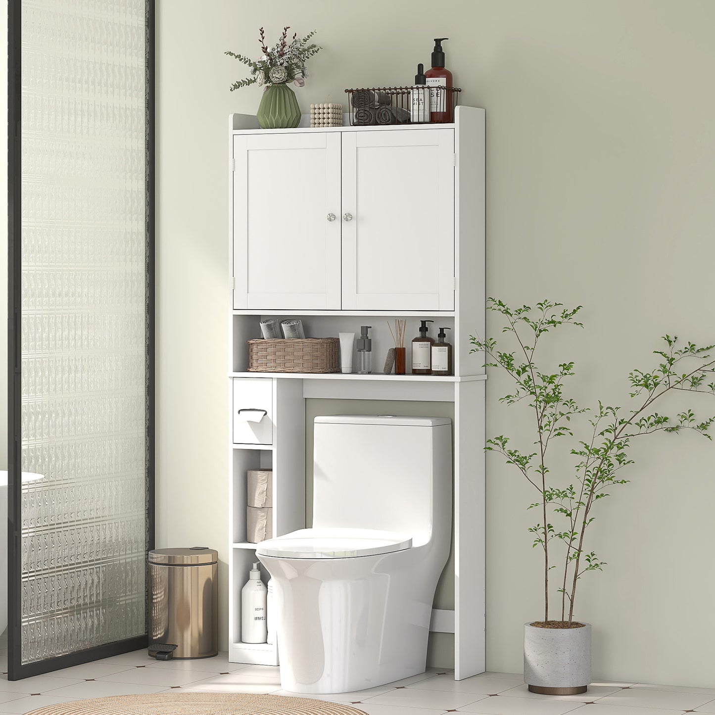 HOMCOM Modern Over the Toilet Storage Cabinet with 2 Doors, Above Commode Storage Cabinet with Toilet Paper Holder, Grey