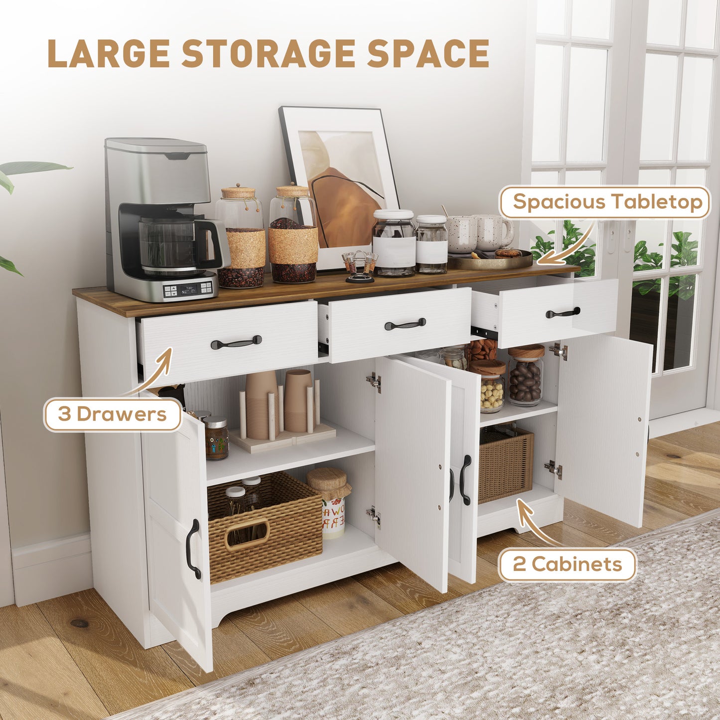 HOMCOM Sideboard Buffet Cabinet with Storage, Modern Coffee Bar Cabinet with 3 Drawers and Adjustable Shelves, Distressed White