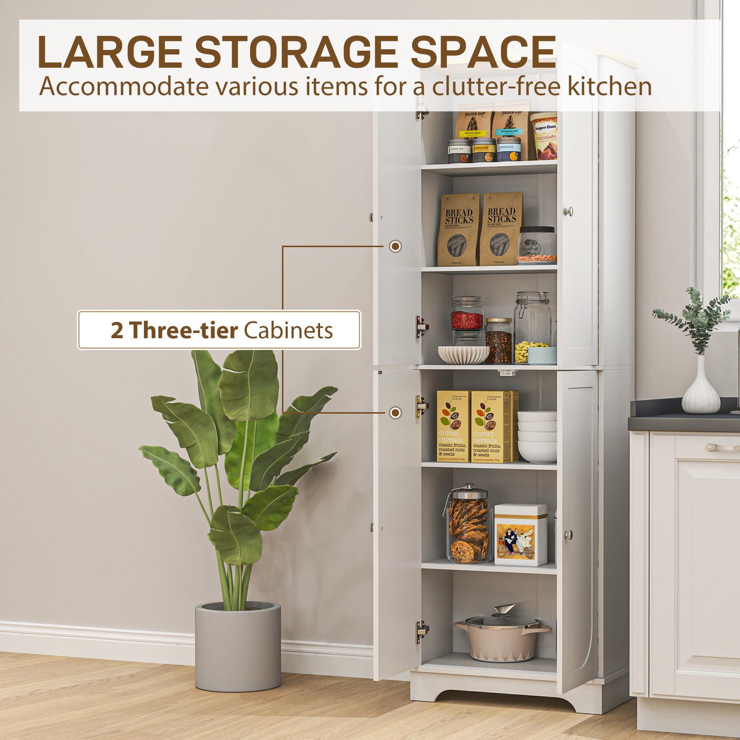 HOMCOM 72" Tall Pantry Cabinet, Kitchen Pantry Cabinet with Adjustable Shelves, Storage Cabinet with 4 Doors, White