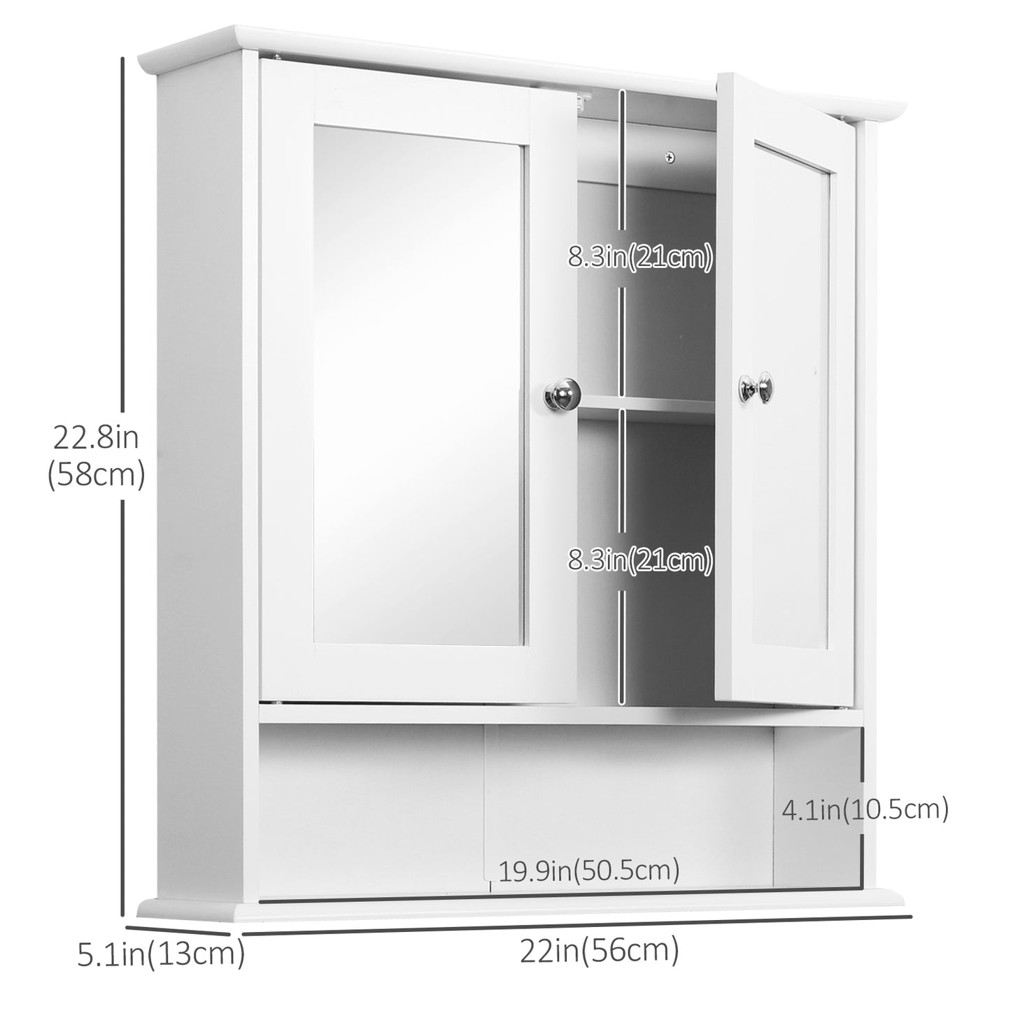 kleankin Medicine Cabinet, Wall-Mounted Bathroom Mirror Cabinet with Double Doors, Open Shelf, and Adjustable Shelf, Modern Bathroom Wall Cabinet, White