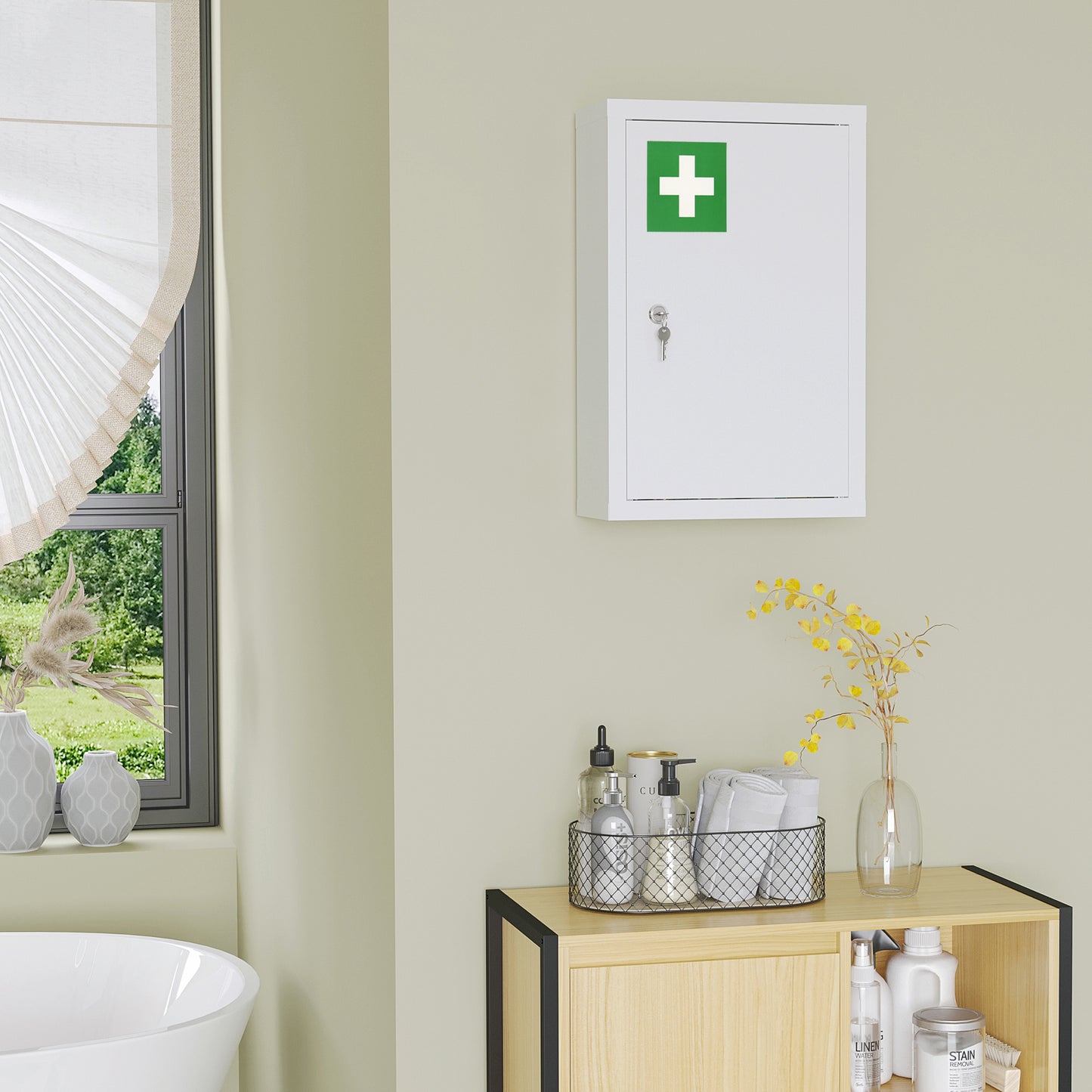 kleankin Lockable Medicine Cabinet, 3 Tier Steel Medical Wall Box with 2 Keys and Shelves for Bathroom, White