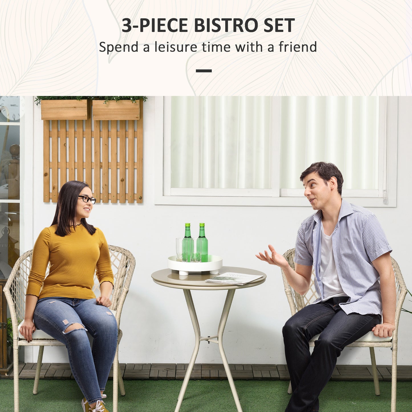 Outsunny 3 Pieces Patio Furniture Outdoor PE Rattan Bistro Set w/ Seat Cushions, Glass Table for Garden, Backyard, Beige