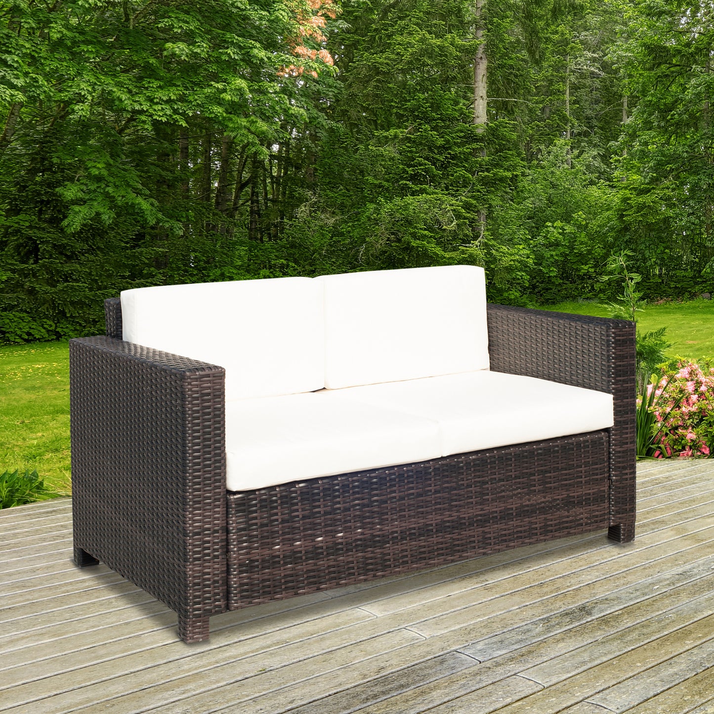 Outsunny 2 Seat Patio Loveseat Deluxe Wicker Sofa Chair Outdoor Rattan Furniture Couch All Weather with Cushion for Balcony, Deck, Garden and Poolside, Grey