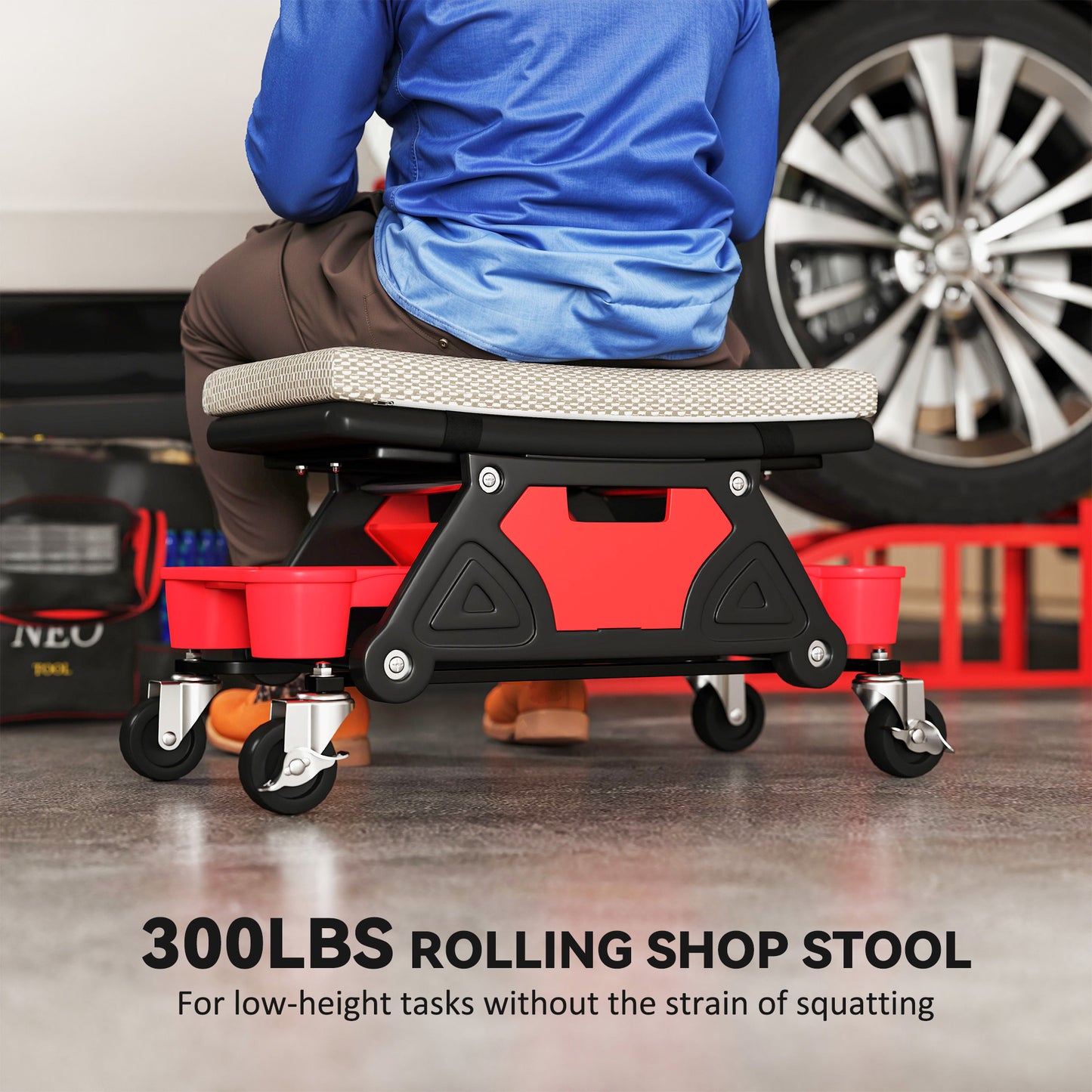 HOMCOM Rolling Garage Stool, 300 LBS Capacity Padded Mechanic Stool with 2.5" Wheels, Adjustable Height 15" -19.7", Red