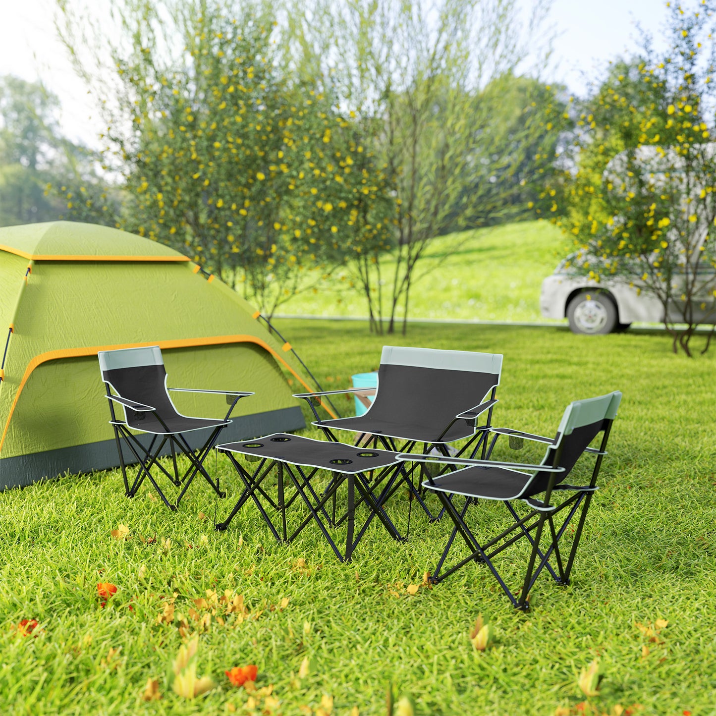 Outsunny 4 Piece Folding Camping Table and Chairs, Outdoor Lawn Chair Set w/ Table, Cup Holders for Hiking, Picnic, Grey