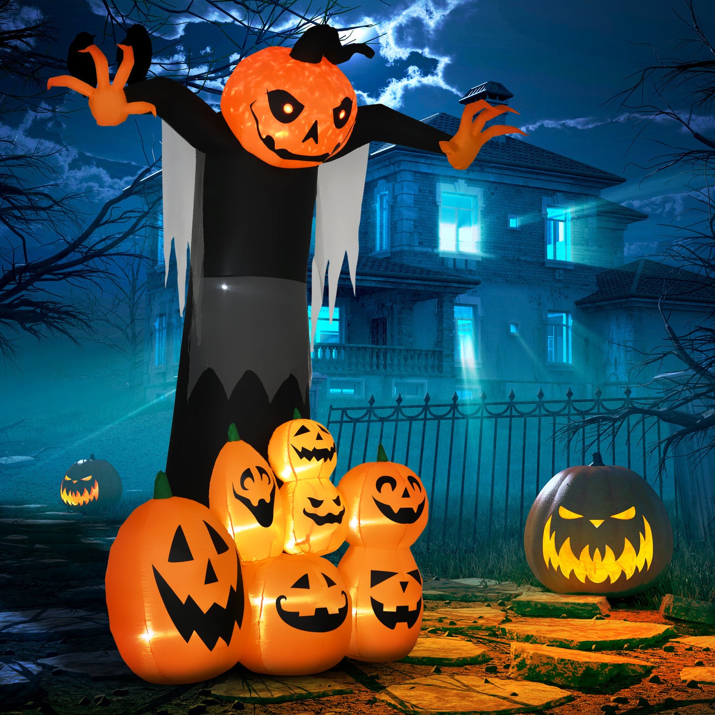 HOMCOM 9ft Inflatable Halloween Decoration Pumpkin Ghost with Pumpkins, Blow-Up Outdoor LED Display for Lawn, Garden, Party
