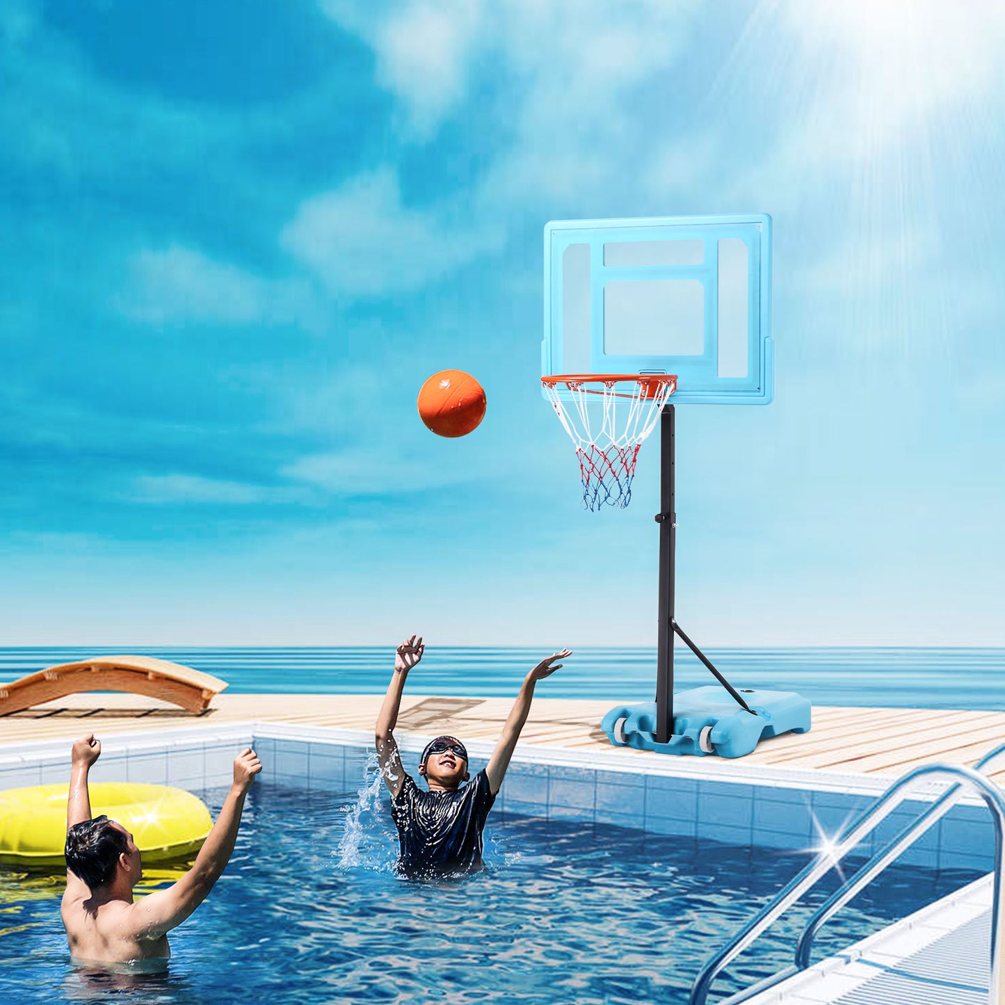 HOMCOM 51"-64" Height Adjustable Basketball System Poolside Hoop Stand Portable with Wheels