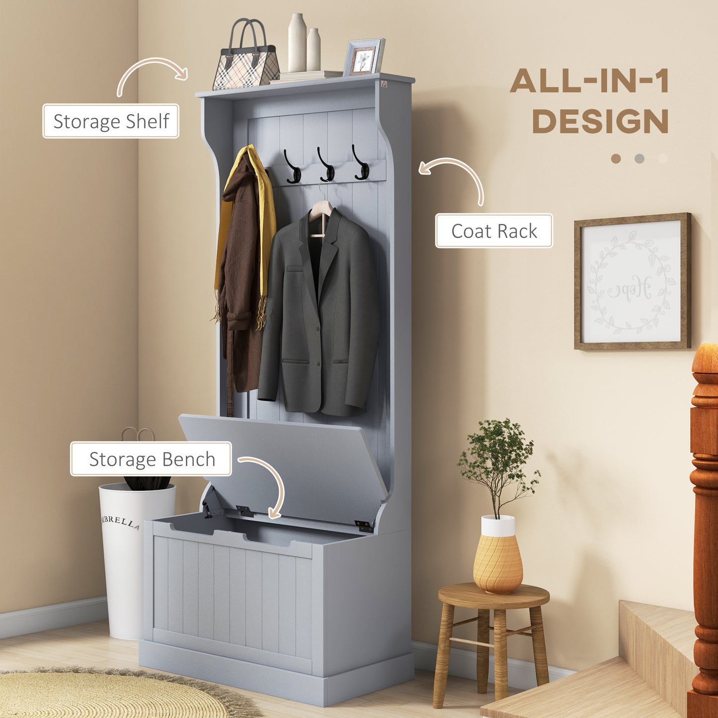 HOMCOM 3-In-1 Hall Tree with Coat Rack, Shoe Storage and Bench Seat, Entryway Bench with 4 Hooks for Hallway, Living Room, Black