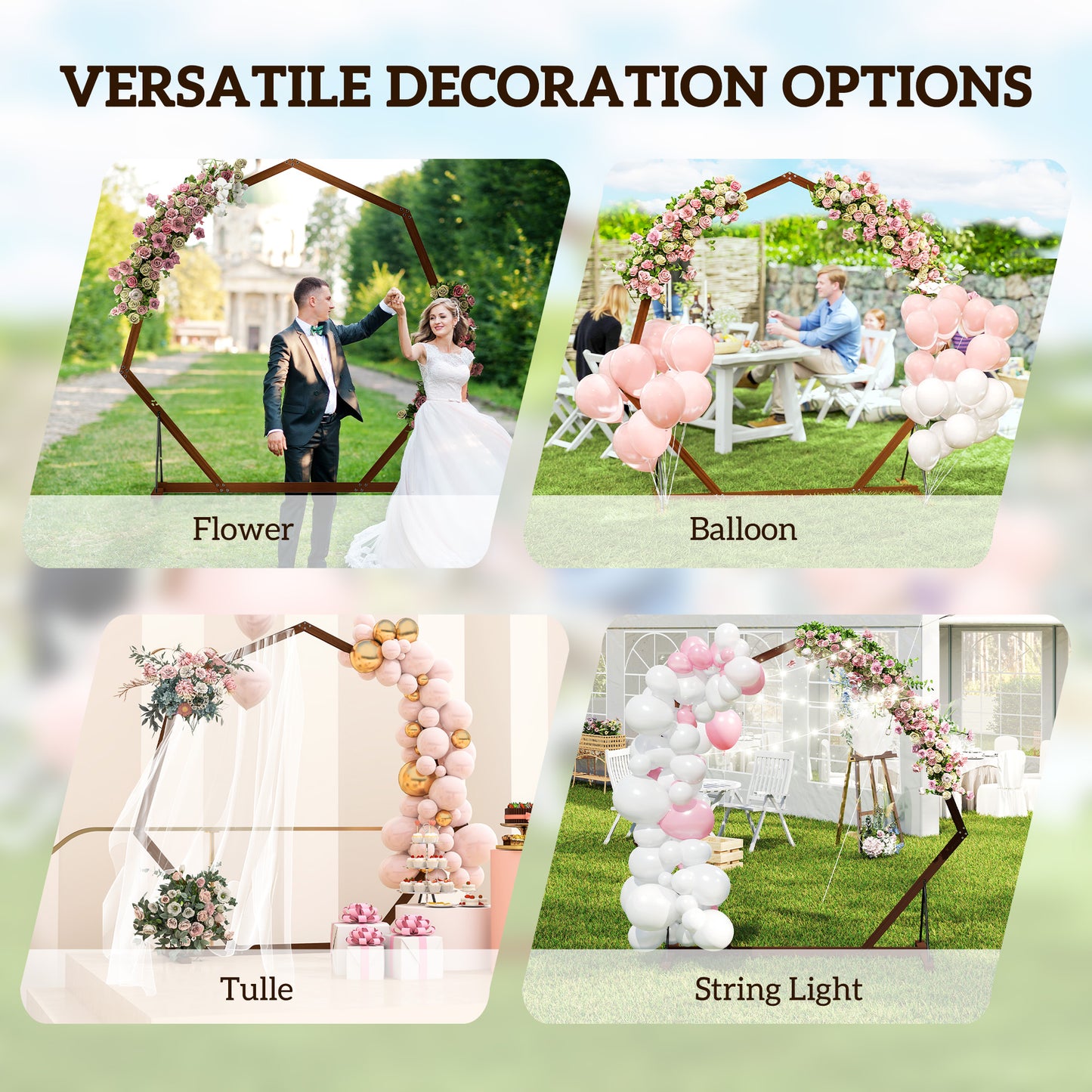 Outsunny 7FT Heptagon Wooden Wedding Arch with Triangular Base, Ground Stakes for Ceremony, Garden, Birthday, Brown