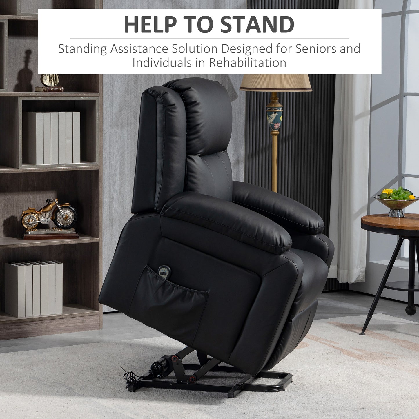 HOMCOM Lift Chair for Seniors, PU Leather Upholstered Electric Recliner Chair with Remote, Side Pockets, Quick Assembly, Grey