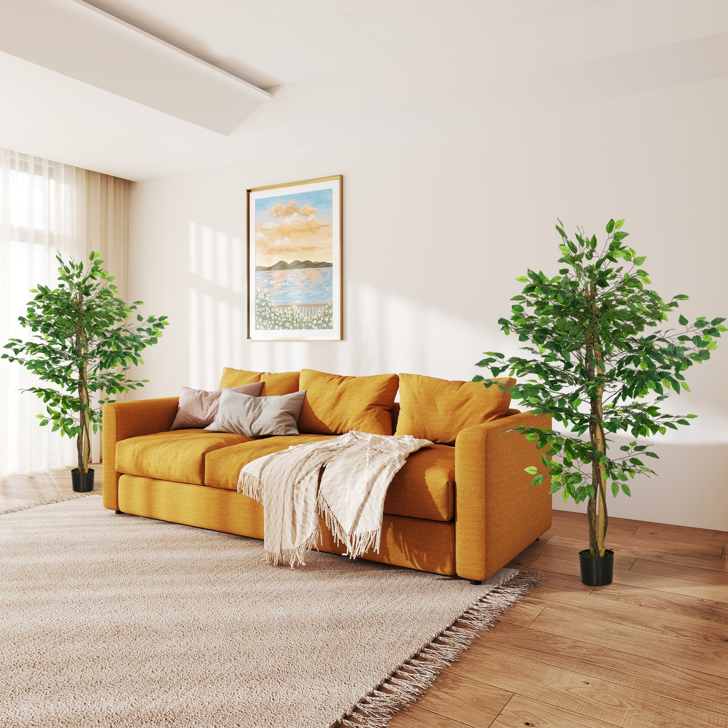 HOMCOM Set of 2 5ft Artificial Trees Ficus, Indoor Fake Plants with Pot, for Home Decor