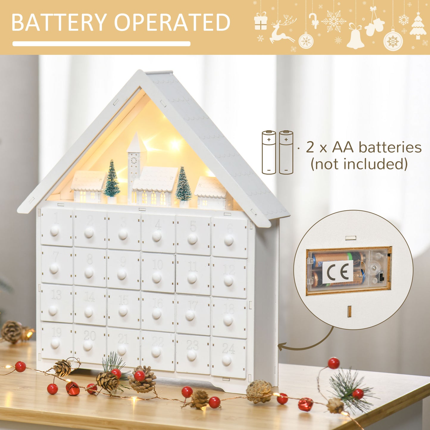 HOMCOM Christmas Advent Calendar, 2022 Light Up Table Xmas Wooden House Holiday Decoration with Countdown Drawer, Village, for kids Adults, White