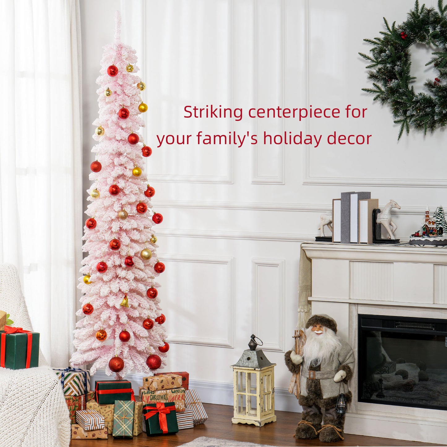 HOMCOM 6 Ft Snow-Flocked Artificial Christmas Tree, Slim Pencil Xmas Tree with Realistic Branches, Metal Base, Green