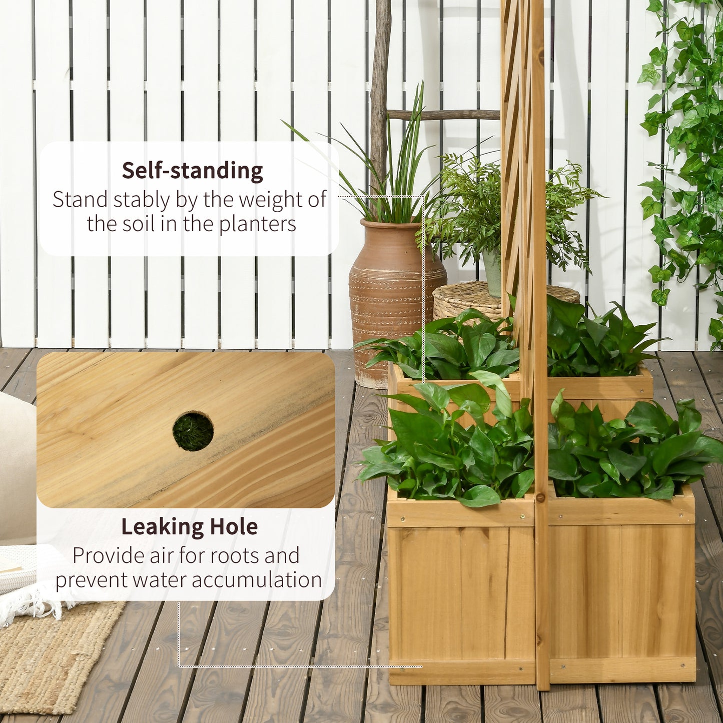 Outsunny Backyard Privacy Screen - Folding 65" with Planters for Patio, Deck, and Backyard, Brown