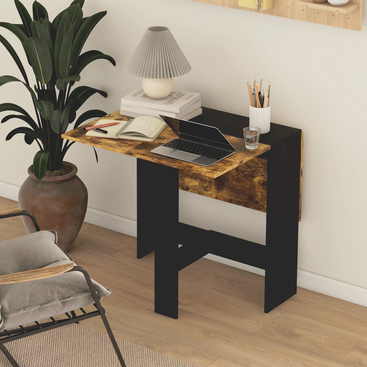 HOMCOM Drop Leaf Dining Table Wood Folding Table Multi-Use Side Table Dining Desk Space Saving Table, Rustic Brown and Black
