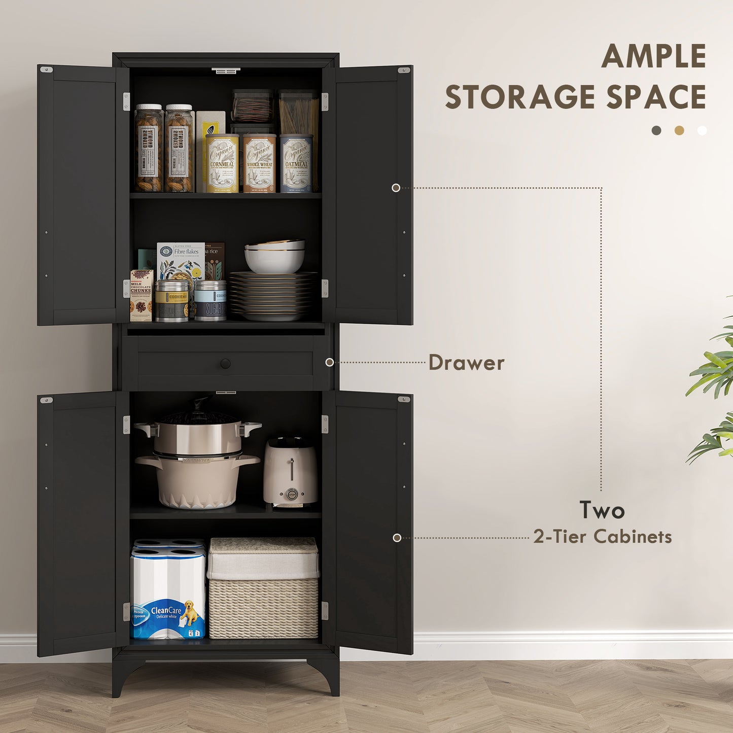 HOMCOM Freestanding Storage Cabinet, Kitchen Pantry Cabinet with 2 Shelves, 4 Doors, Kitchen Storage Cabinets for Dining Room