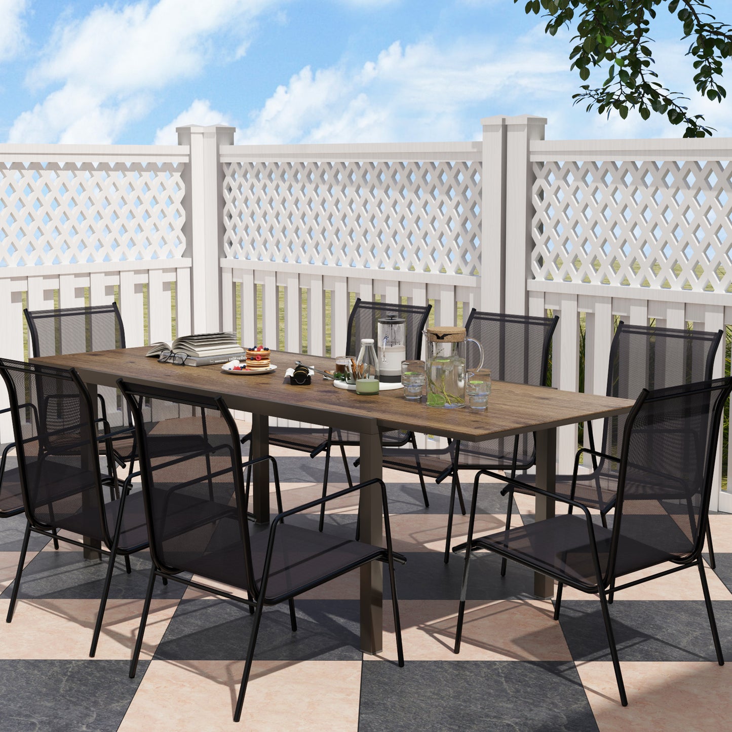 Outsunny 63"-94.5" Extendable Patio Dining Table for 6-8 Person, Outdoor Dining Table with Aluminium Edging, Steel Frame, Brown
