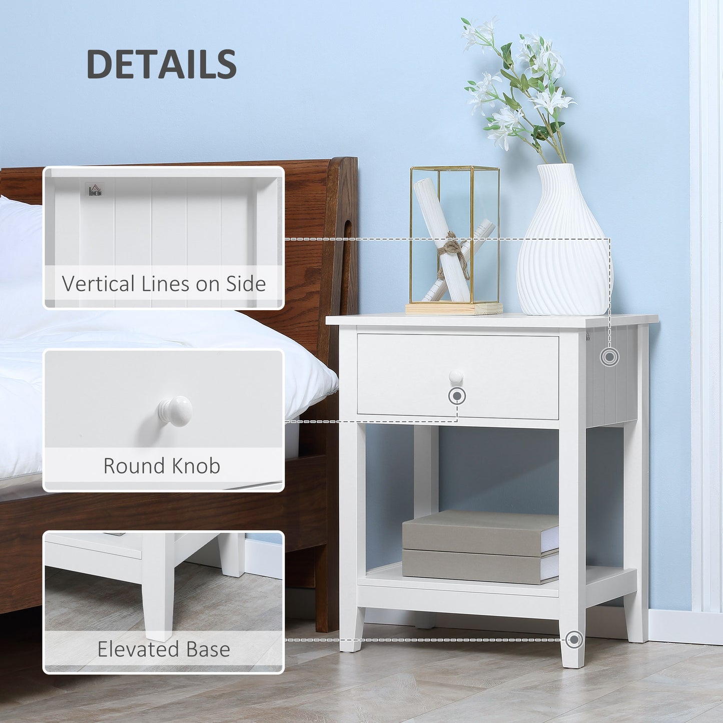 HOMCOM Modern Style Nightstand, Small End Table with Drawer and Storage Shelf for Bedroom, Living Room, White