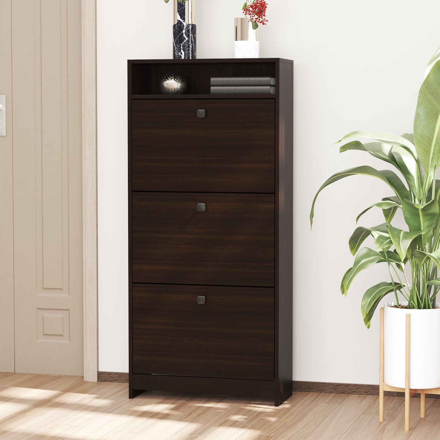 HOMCOM Slim Shoe Storage with 3 Flip Drawers and Adjustable Shelves Shoe Cabinet Organizer for 9 Pair, Coffee