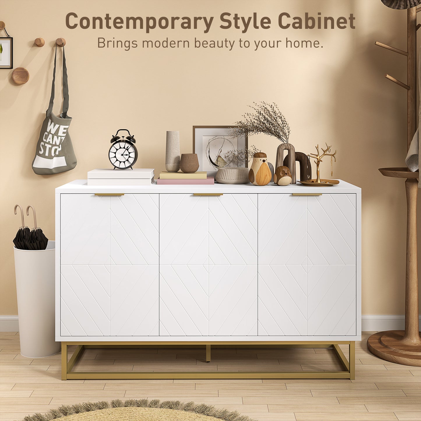 HOMCOM 47" Sideboard Buffet Cabinet with Storage, Contemporary Buffet Cabinet with Adjustable Shelves and Metal Legs, Kitchen Storage Cabinet with Elevated Base, White