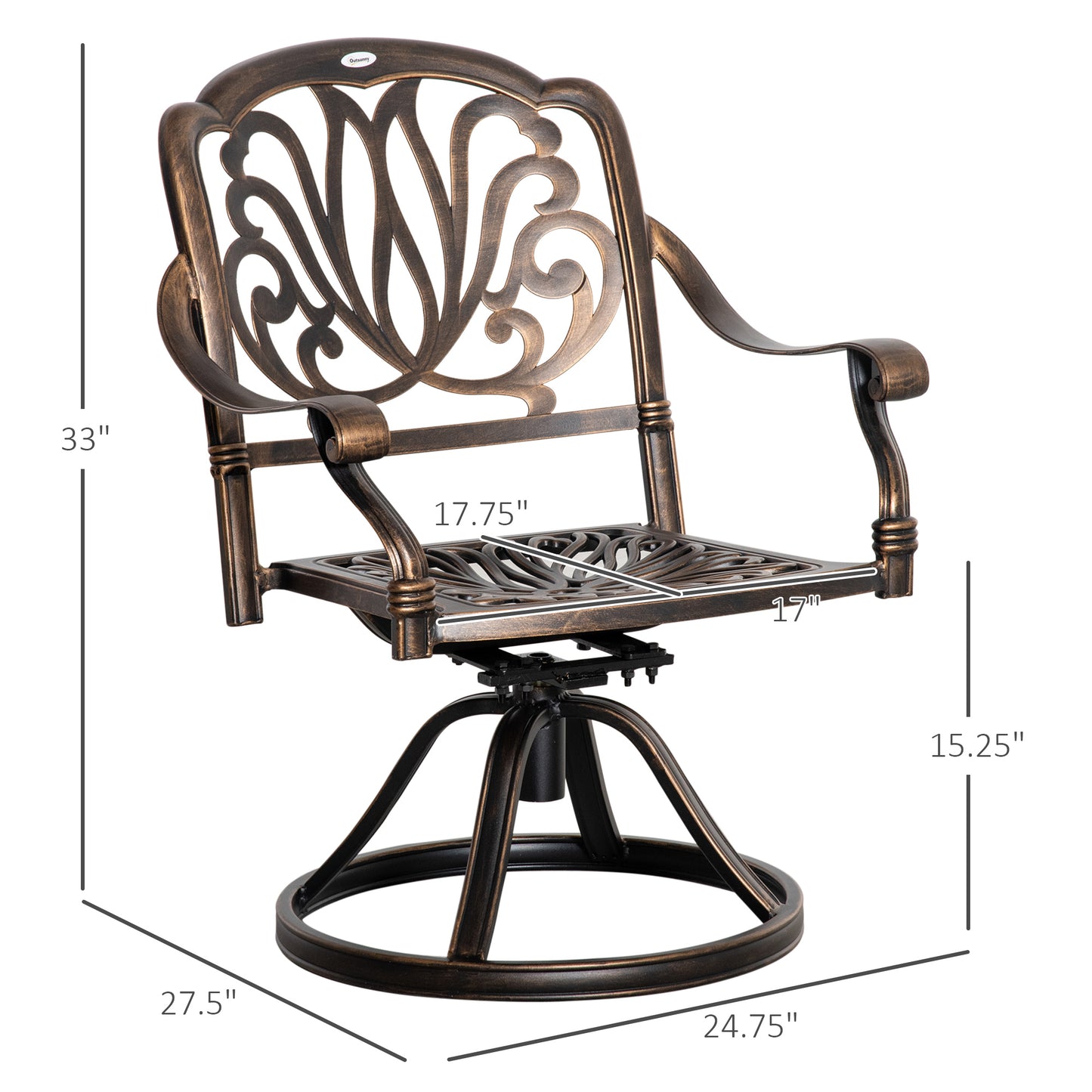 Outsunny 2 Pieces Patio Swivel Chairs with Cushion, Aluminum Frame, 3" Thick Cushions, For Garden, Balcony, Porch, Bronze