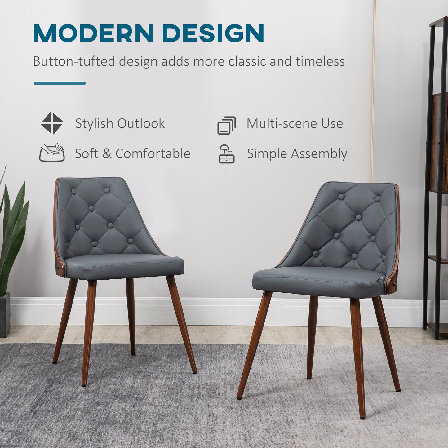 HOMCOM Dining Chairs Set of 2, Tufted Kitchen Chairs, PU Leather Upholstered Seats and Steel Legs for Dining Room, Grey