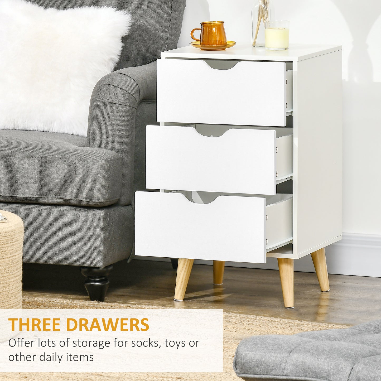 HOMCOM Bedside Table, Modern Nightstand with 3 Drawers, Side End Table with Wood Legs for Living Room, Bedroom, White