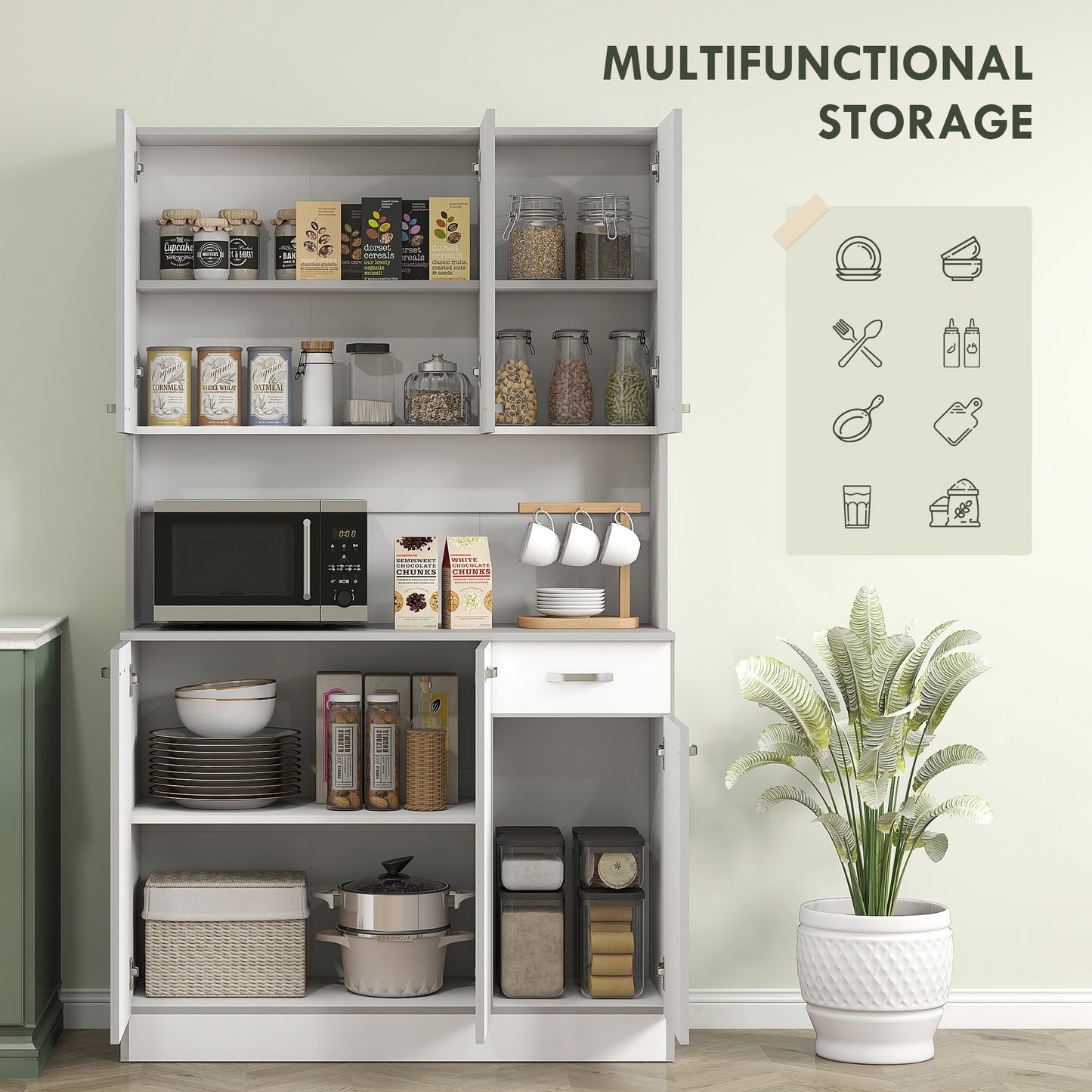 HOMCOM 71" Modern Buffet with Hutch, Standing Kitchen Hutch with Storage Cabinets, Drawer, Open Space with Microwave Stand, White