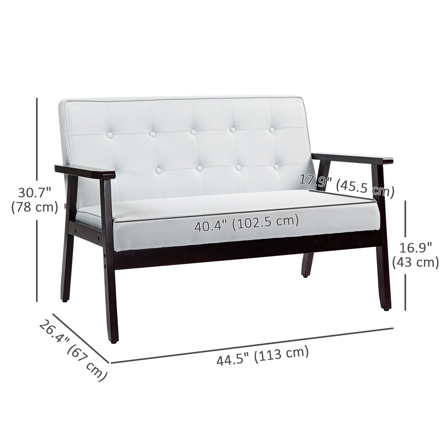 HOMCOM 44.5" 2 Seat Sofa for Bedroom, Modern Upholstered Loveseat with Button Tufted Back and Wood Legs, Grey
