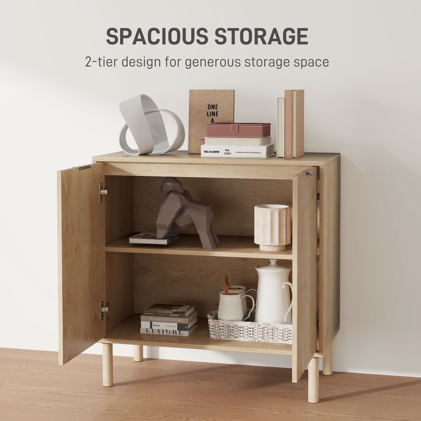 HOMCOM Accent Cabinet with Doors & Adjustable Shelf, Freestanding Storage Cabinet with Wood Legs for Living Room, Oak