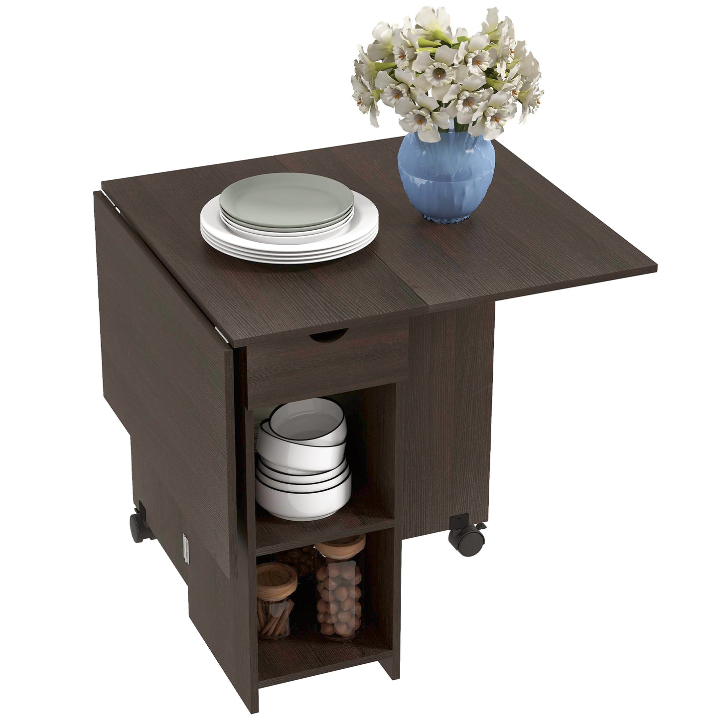 HOMCOM Folding Dining Table, Space Saving Drop Leaf Table with Drawer and Storage Shelves for Kitchen, Dining Room, Oak