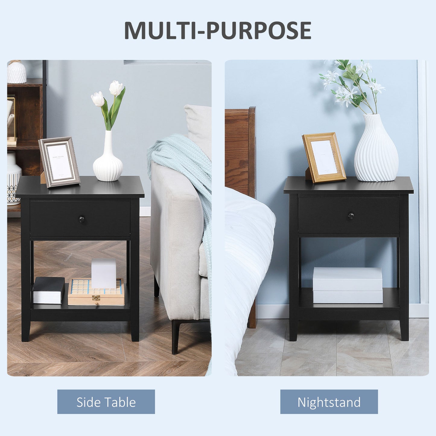 HOMCOM Modern Style Nightstand, Small End Table with Drawer and Storage Shelf for Bedroom, Living Room, White