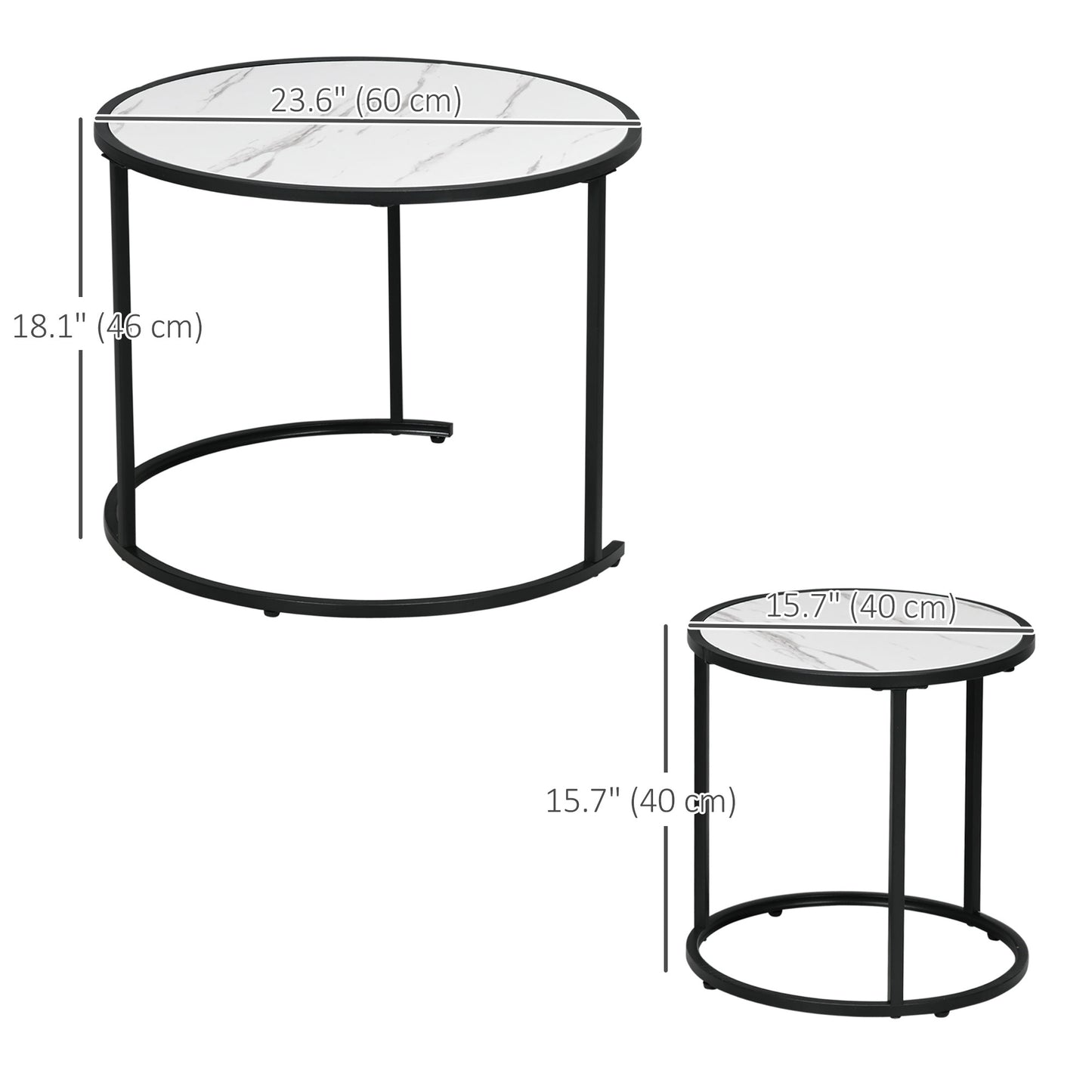 HOMCOM Round Nesting Coffee Table Set of 2, Stacking Modern Accent Tables with Faux Marble Tabletop and Metal Frame for Living Room, Black
