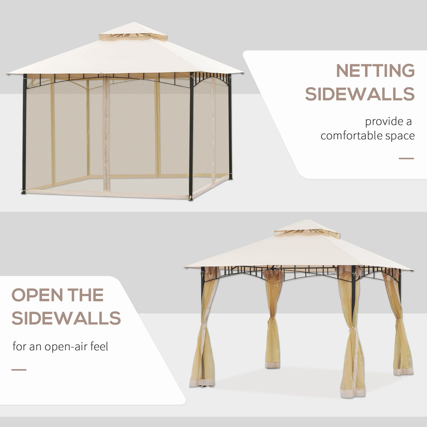 Outsunny 10' x 10' Double Tier Garden Gazebo Canopy Outdoor Sunshade Tent Water-Resistant Anti-UV Roof with Metal Frame and Mesh Sidewalls, Beige
