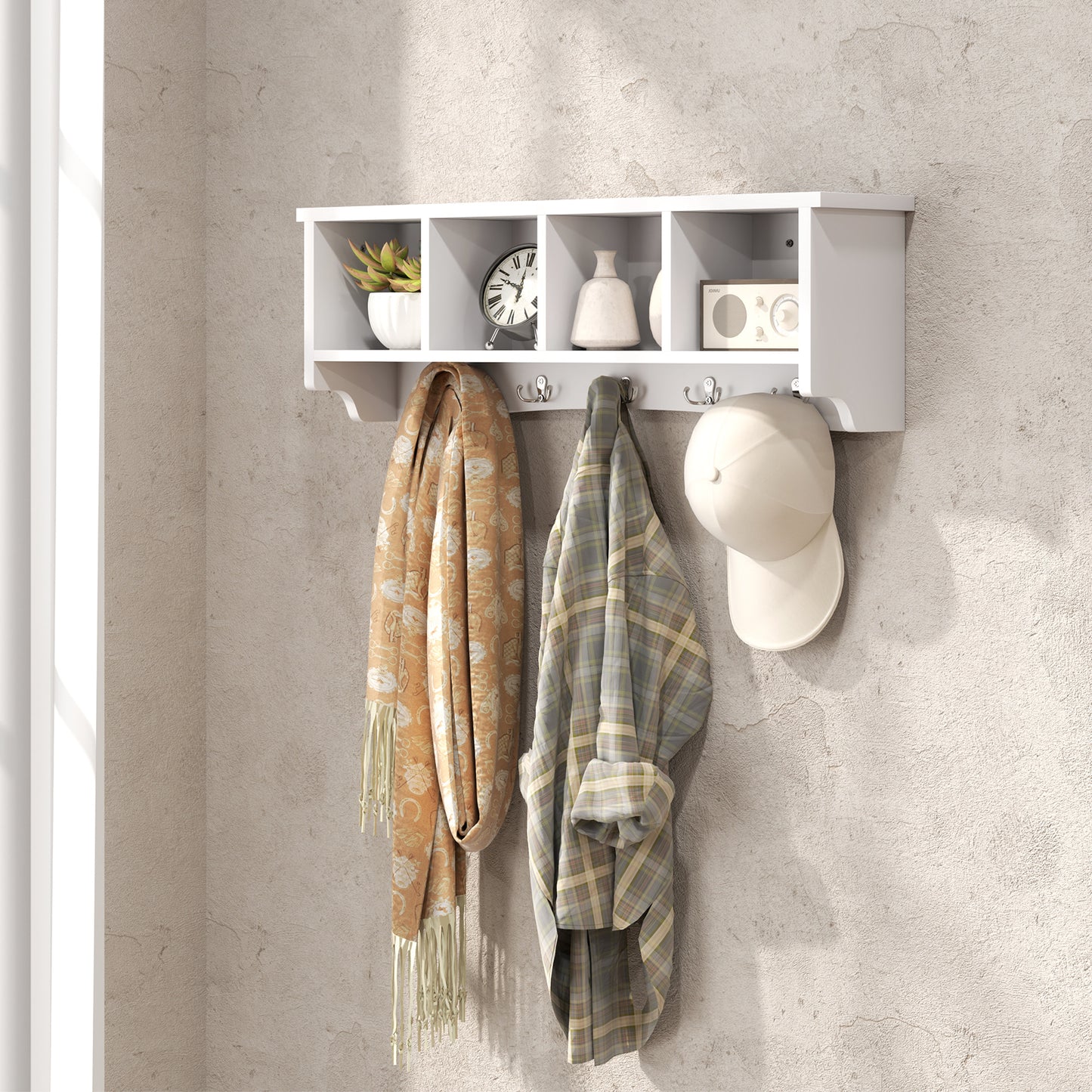 HOMCOM Coat Rack Wall Mount with Shelf, 28" Wall Coat Rack with 5 Hooks and 4 Compartments for Living Room, Entryway, White