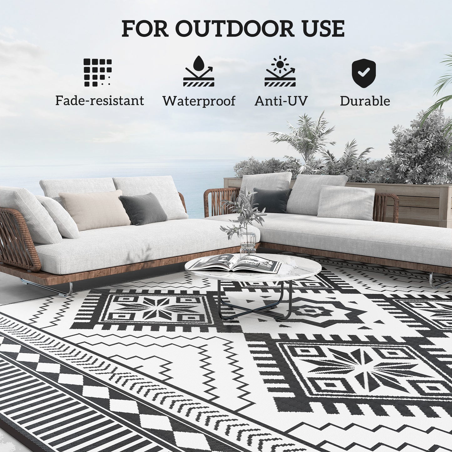 Outsunny 9' x 12' Outdoor RV Rug, Reversible Patio Floor Mat with Carry Bag, Toothed Rhombus, White and Black