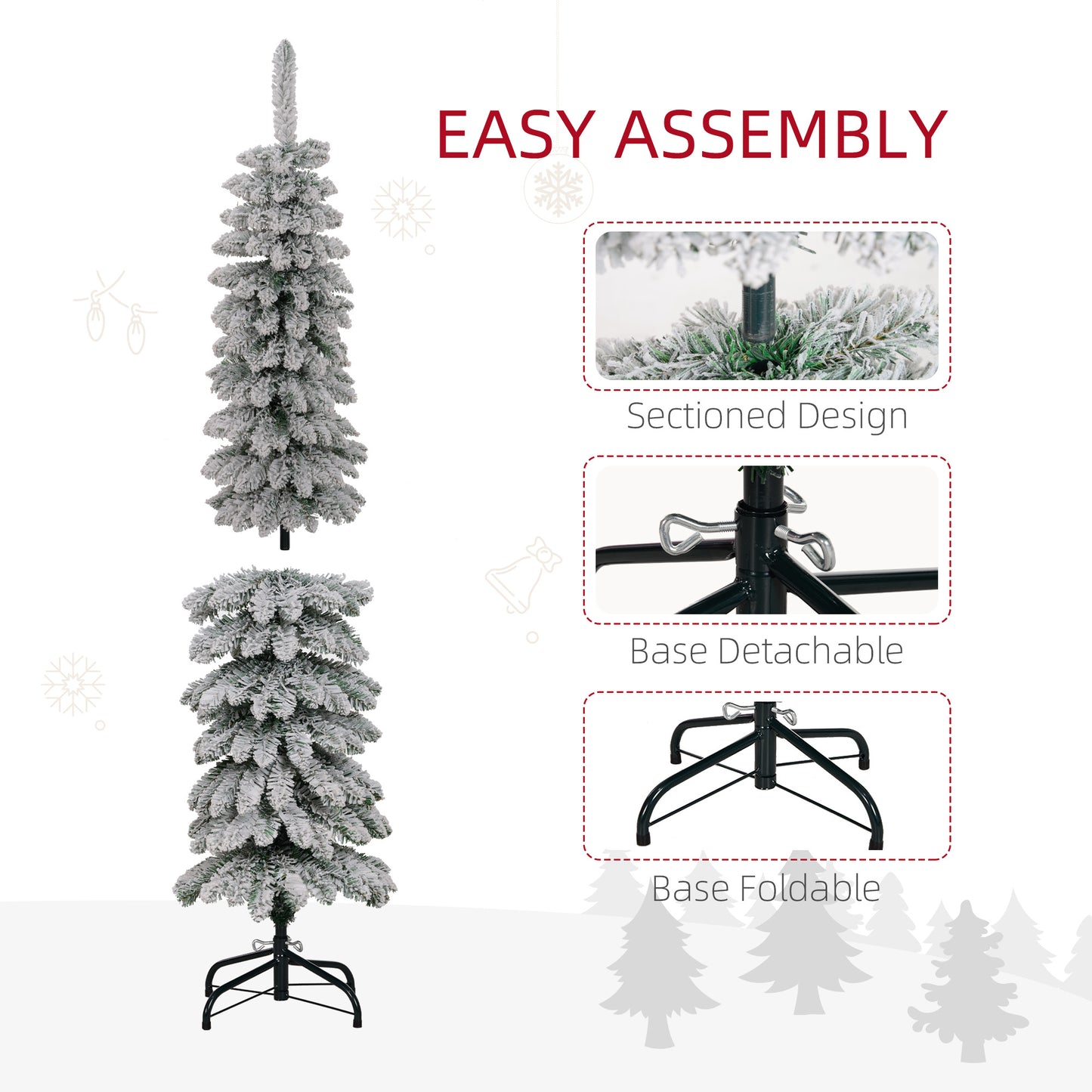 HOMCOM 5ft Snow-Flocked Artificial Christmas Tree, Slim Pencil Xmas Tree with 301 Realistic Branches, Metal Base, Pink