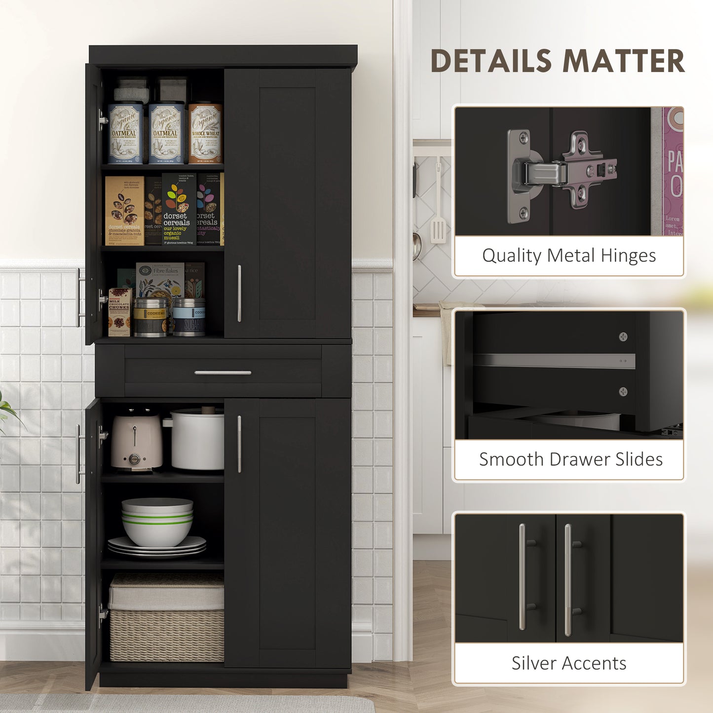 HOMCOM 72" Storage Cabinet, Freestanding Kitchen Pantry Cabinet with 4 Doors, Drawer and 3 Adjustable Shelves, White