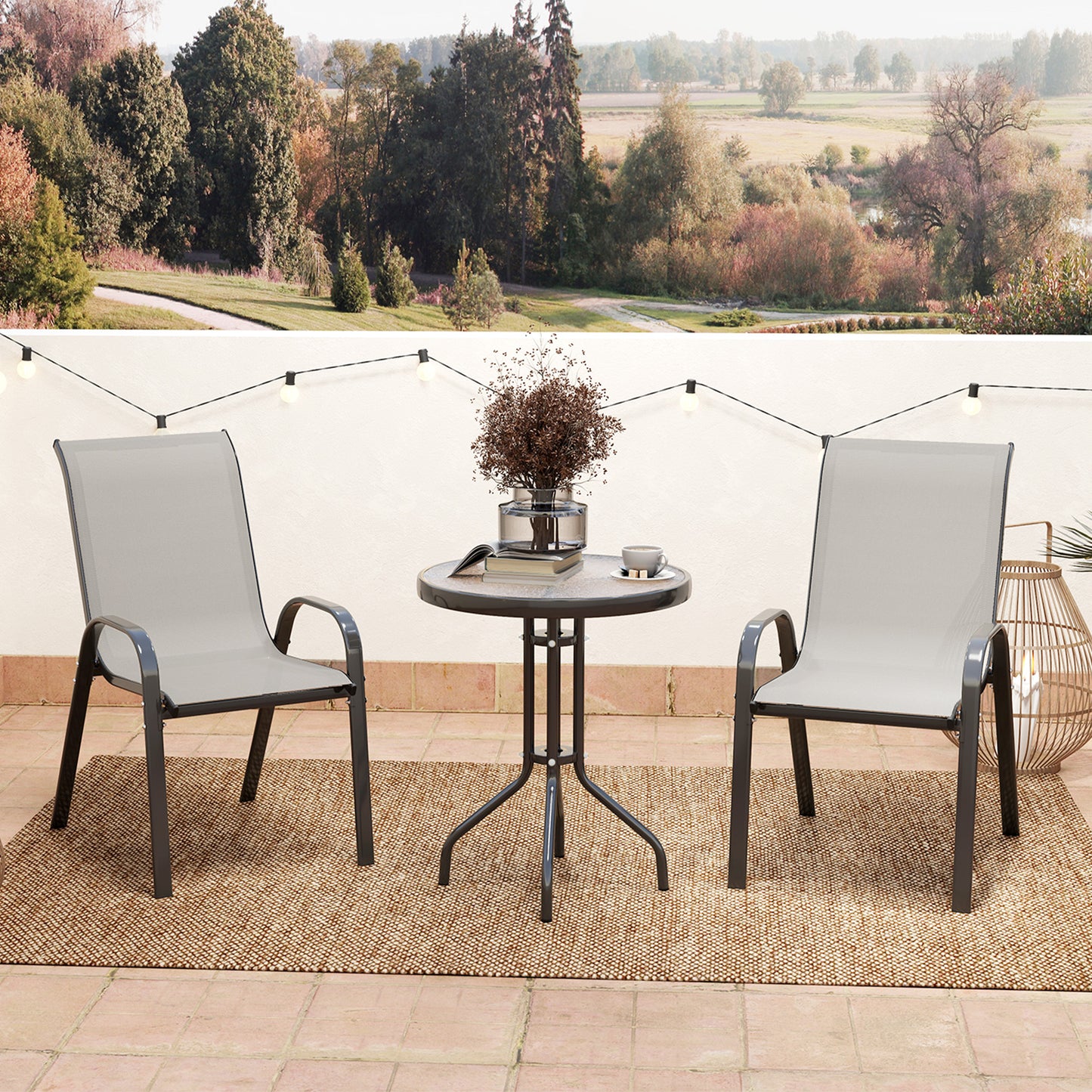 Outsunny 3 Pieces Bistro Set, Small Patio Furniture Set with Stackable Mesh Chairs, Glass Table for Garden, Balcony, Black