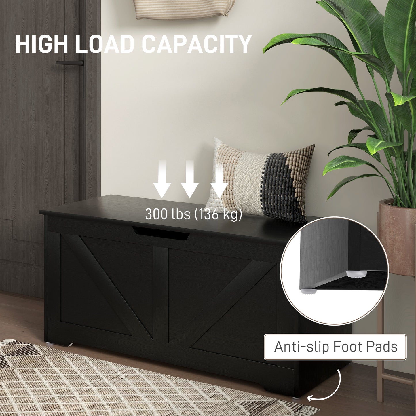 HOMCOM 39.4 Inches Storage Chest, Storage Trunk with 2 Safety Hinges, Wooden Box for Living Room, Black Wood Grain