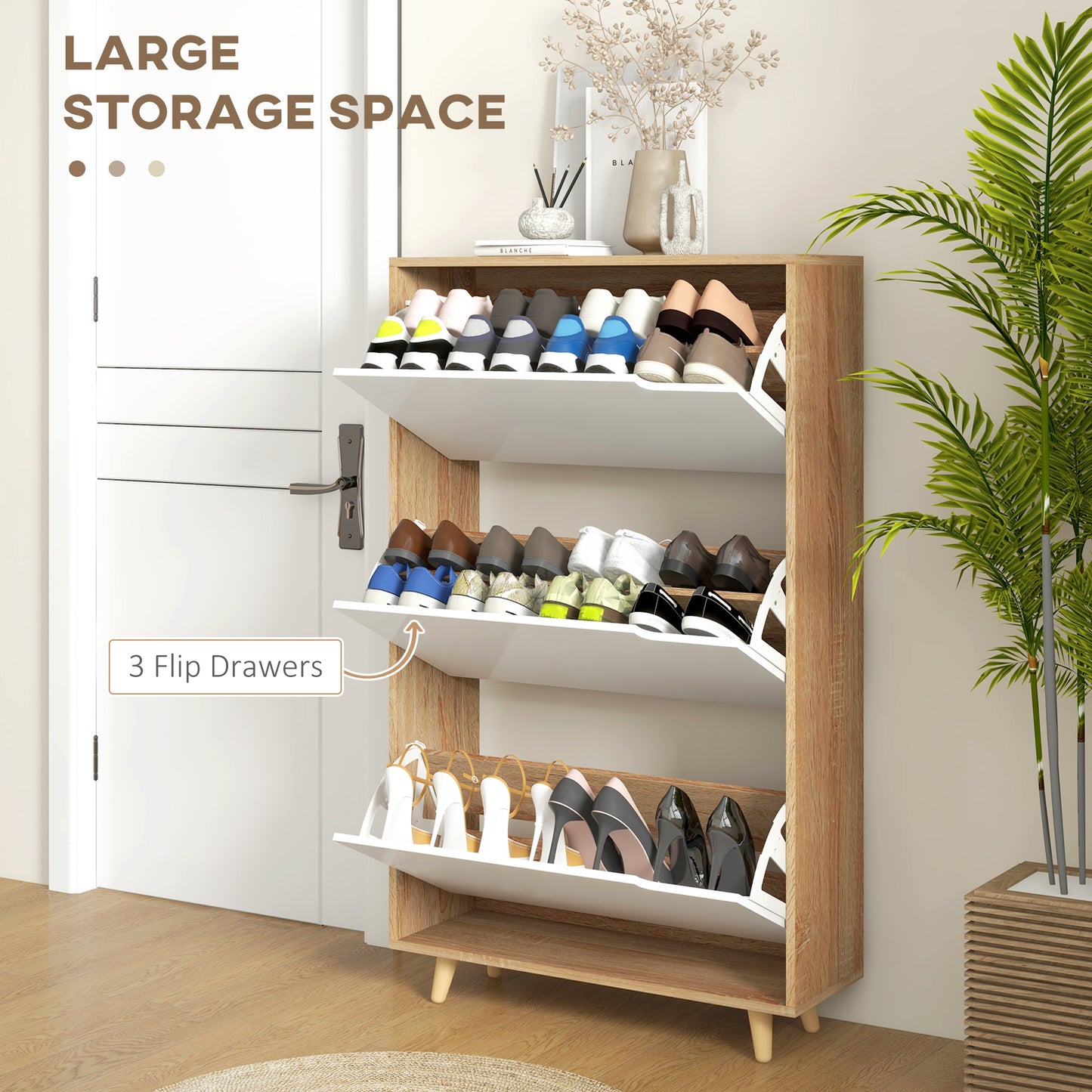 HOMCOM Slim Shoe Storage Cabinet with 3 Flip Drawers and Adjustable Shelves, Shoe Cabinet for 18-24 Pairs, White
