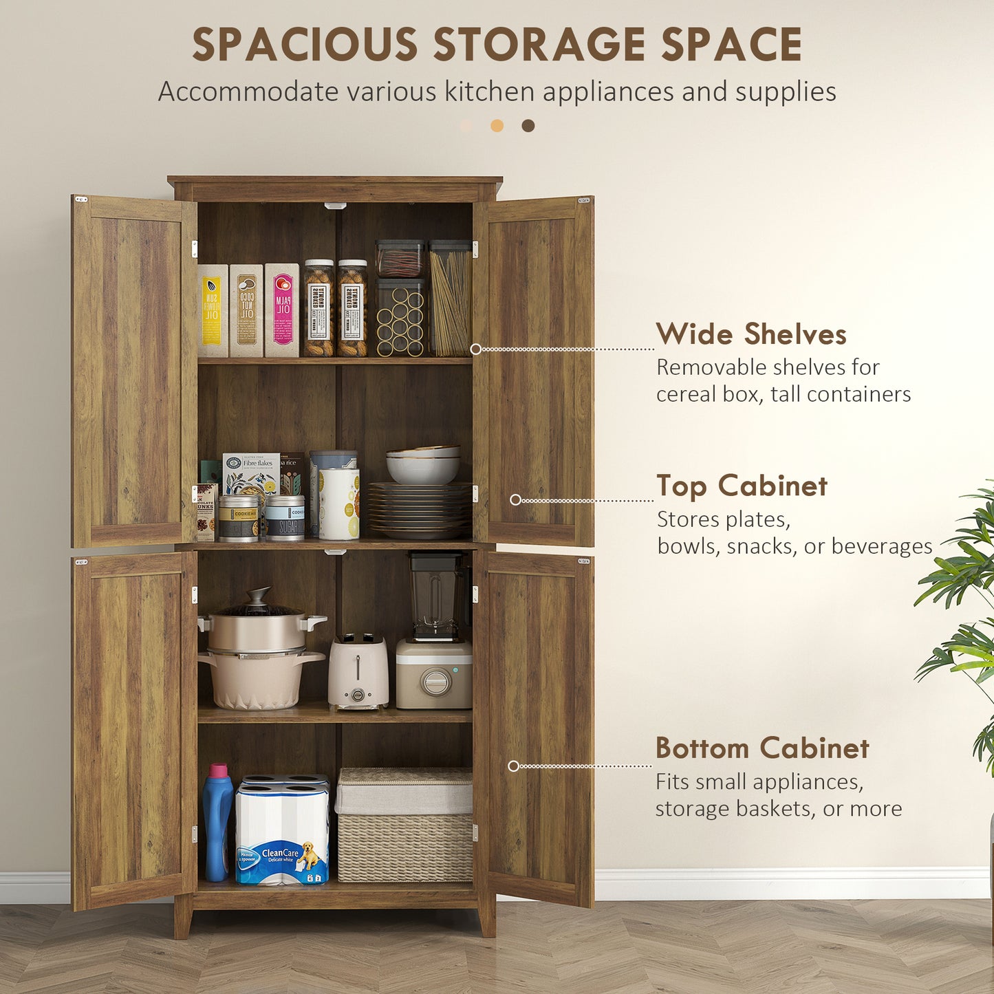 HOMCOM 72" Freestanding Storage Cabinet, Kitchen Pantry Cabinet with Doors and Shelves for Dining Room, White