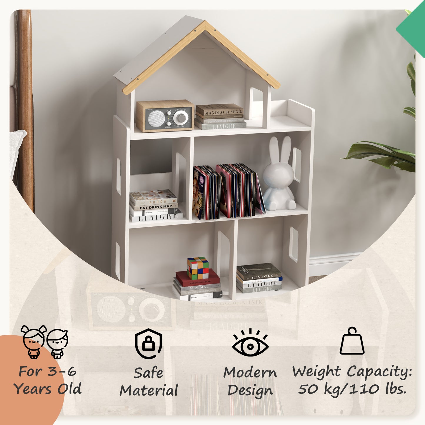 Qaba Toy Storage Organizer Cabinet, 3-Tier Kids Bookshelf for Playroom, Kids Room, Nursery, Kindergarten, White