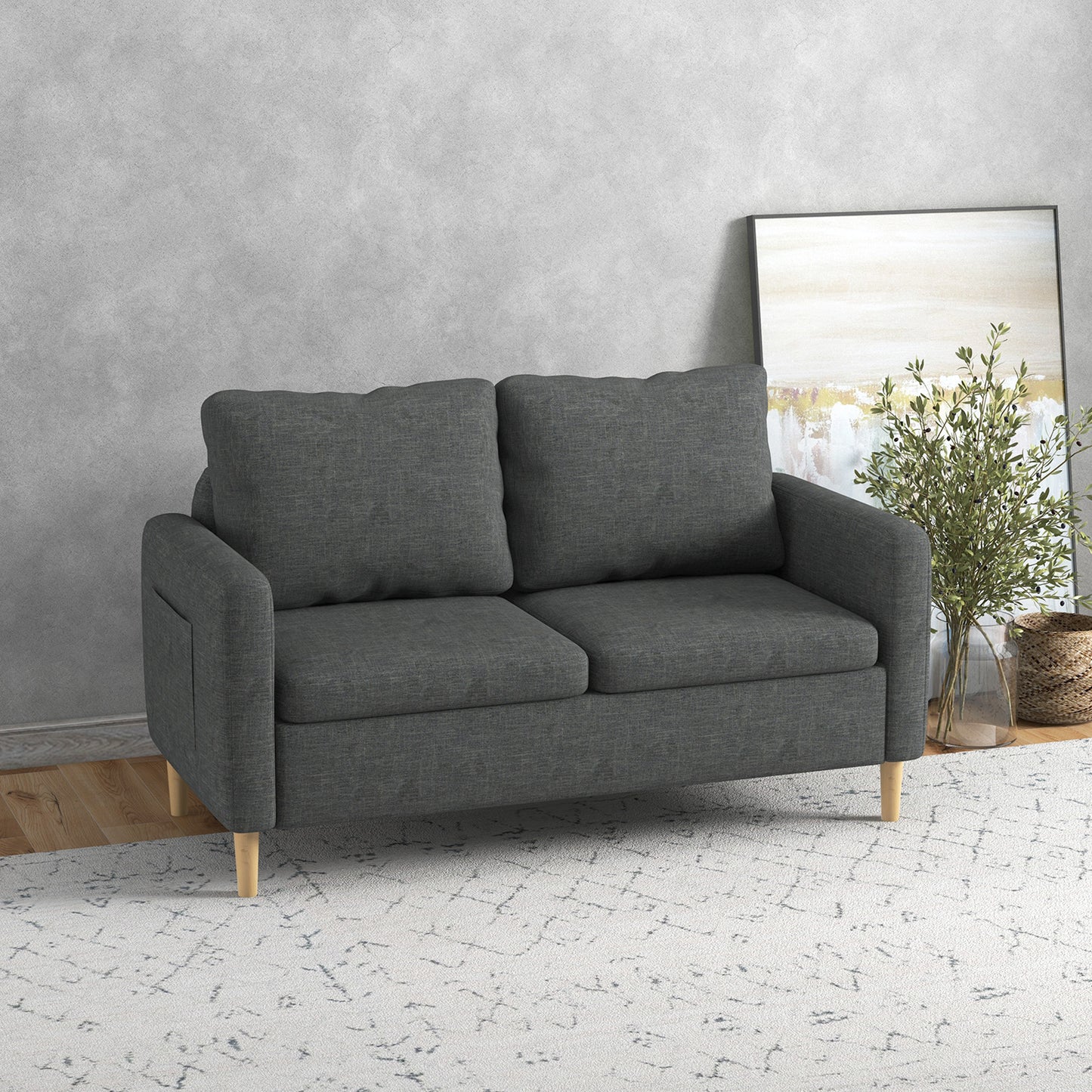 HOMCOM 56" 2 Seat Sofa, Modern Love Seats Furniture, Upholstered 2 Seater Couch with Side Pockets, Solid Steel Frame, White