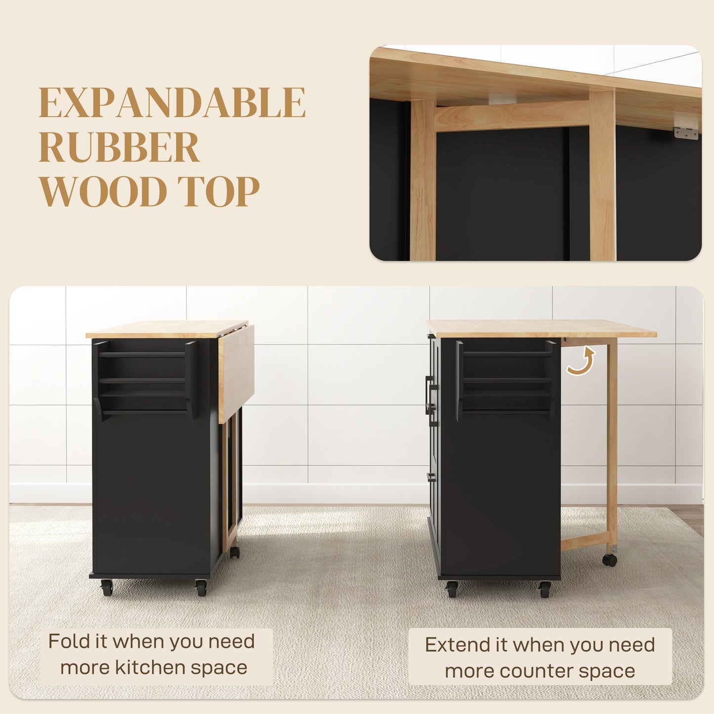 HOMCOM Rolling Kitchen Cart on Wheels with Drop Leaf, Kitchen Island with 3 Drawers, Solid Wood Top and Towel Rack, White