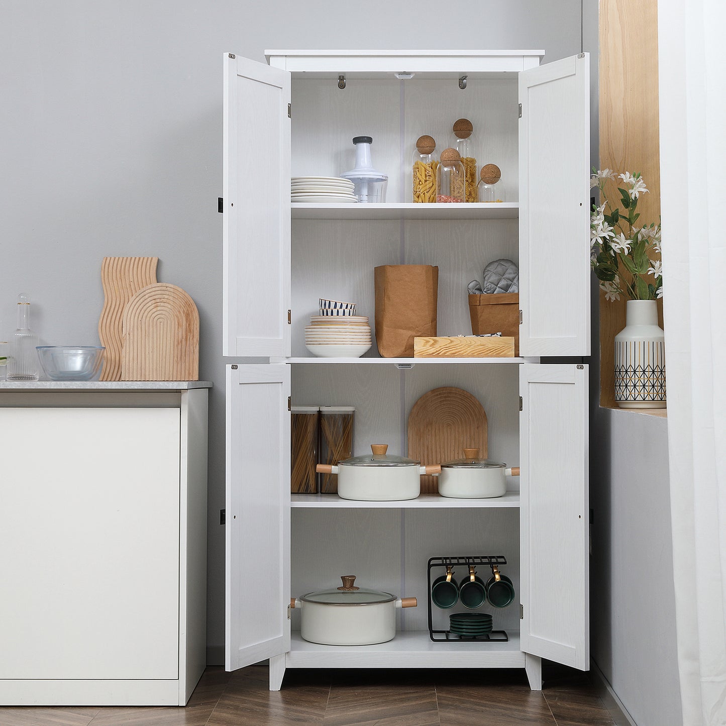 HOMCOM 72" Freestanding Storage Cabinet, Kitchen Pantry Cabinet with Doors and Shelves for Dining Room, White