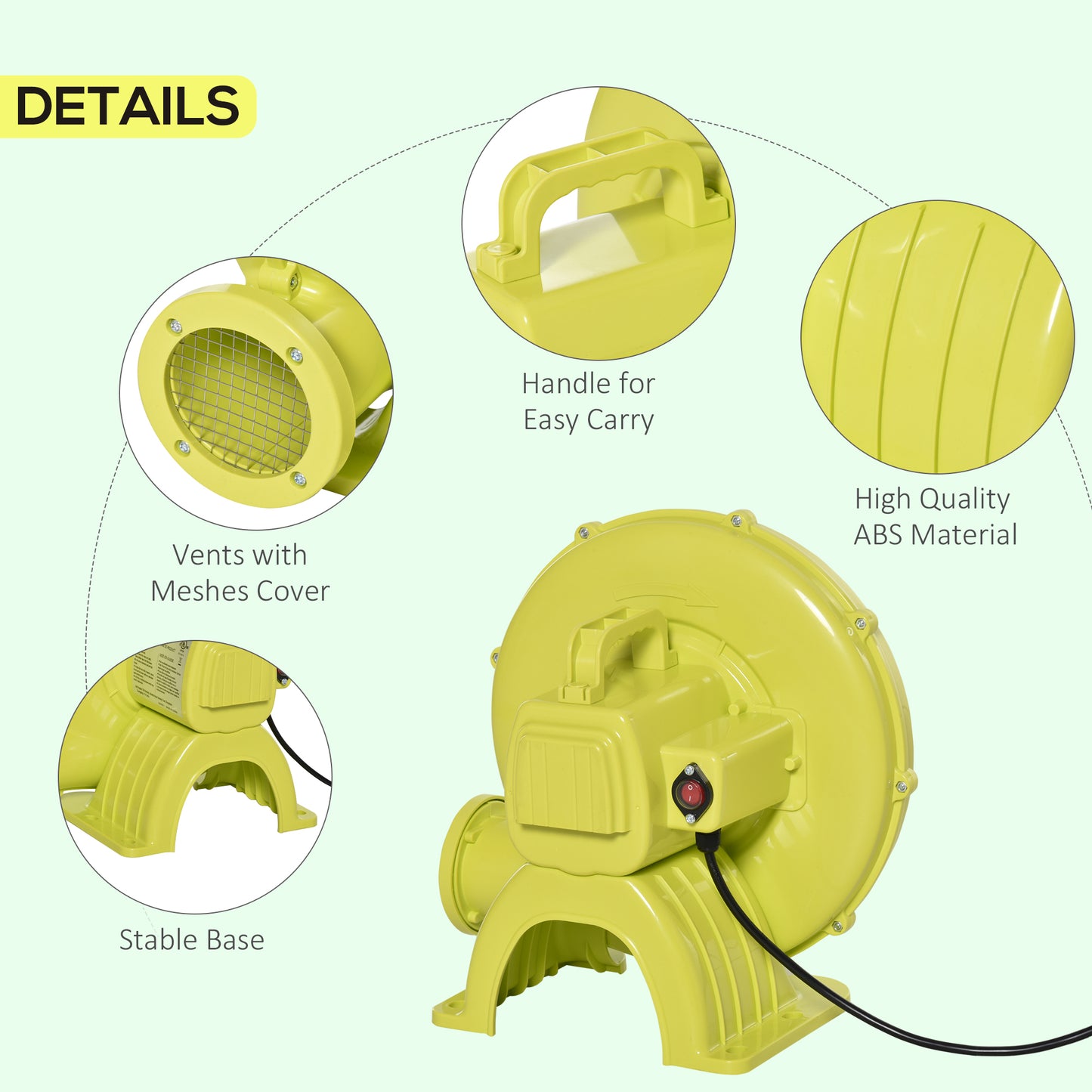Outsunny Electric Air Blower 450-Watt Fan Blower Compact and Energy Efficient Pump Indoor Outdoor for Inflatable Bounce House, Bouncy Castle and Pneumatic Swimming Pool, Yellow