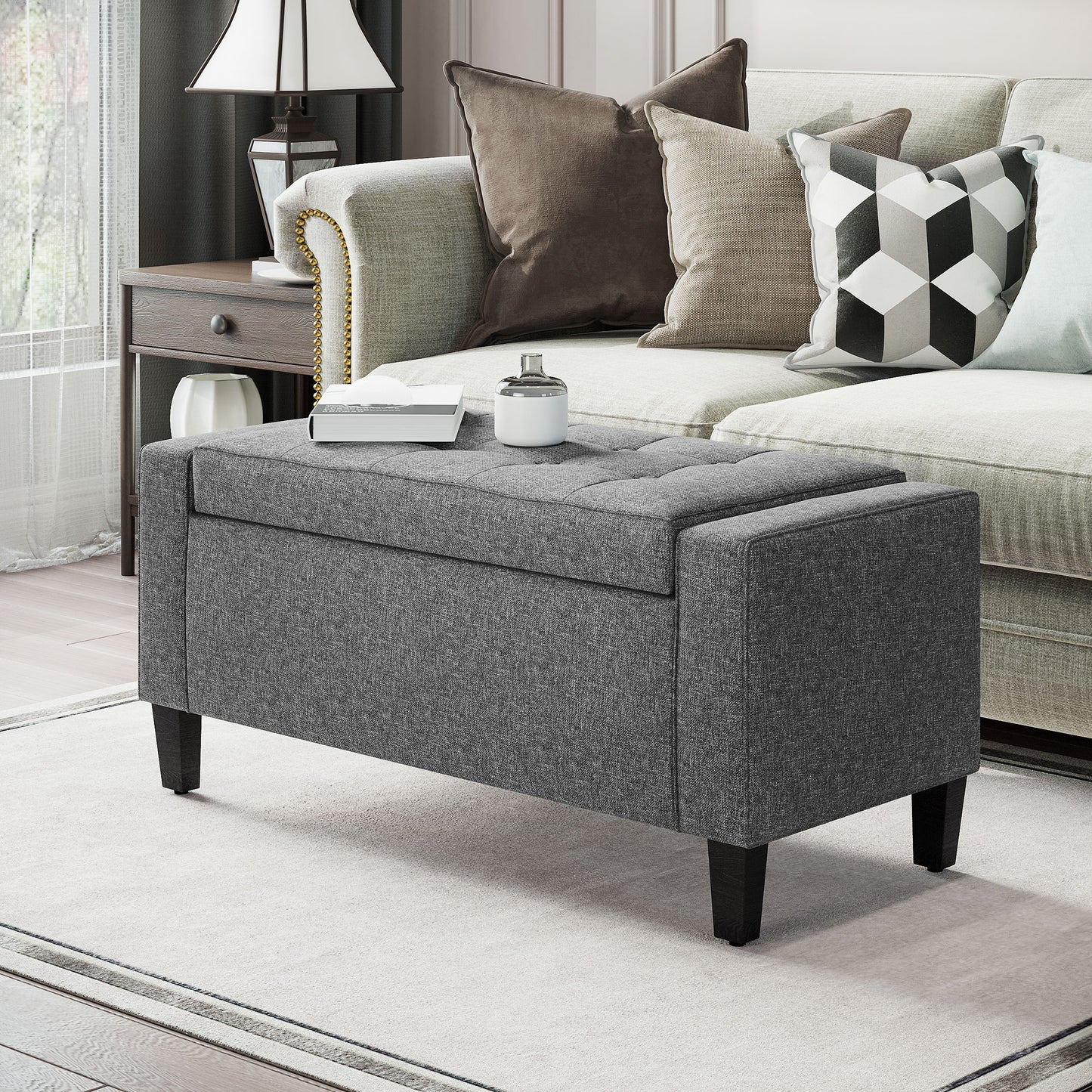 HOMCOM Storage Ottoman Bench Linen-Touch Fabric Tufted Chest Footstool with Flipping Top, Beige