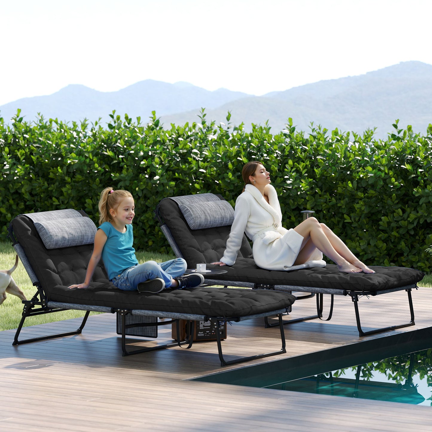 Outsunny 2-Piece Folding Lounge Chairs with Adjustable Backrest, Tanning Chair with Cushion, Side Pocket, Headrest, Grey